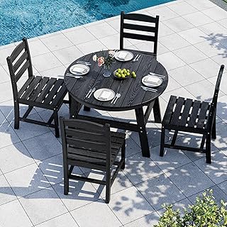5 Piece Round Outdoor Dining Set, Relaxing HDPE Outdoor Table and Chairs with 105° Ergonomic Backrest, All-Weather Patio Table and Chairs Set with Umbrella Hole for Porch, Poolside, Black