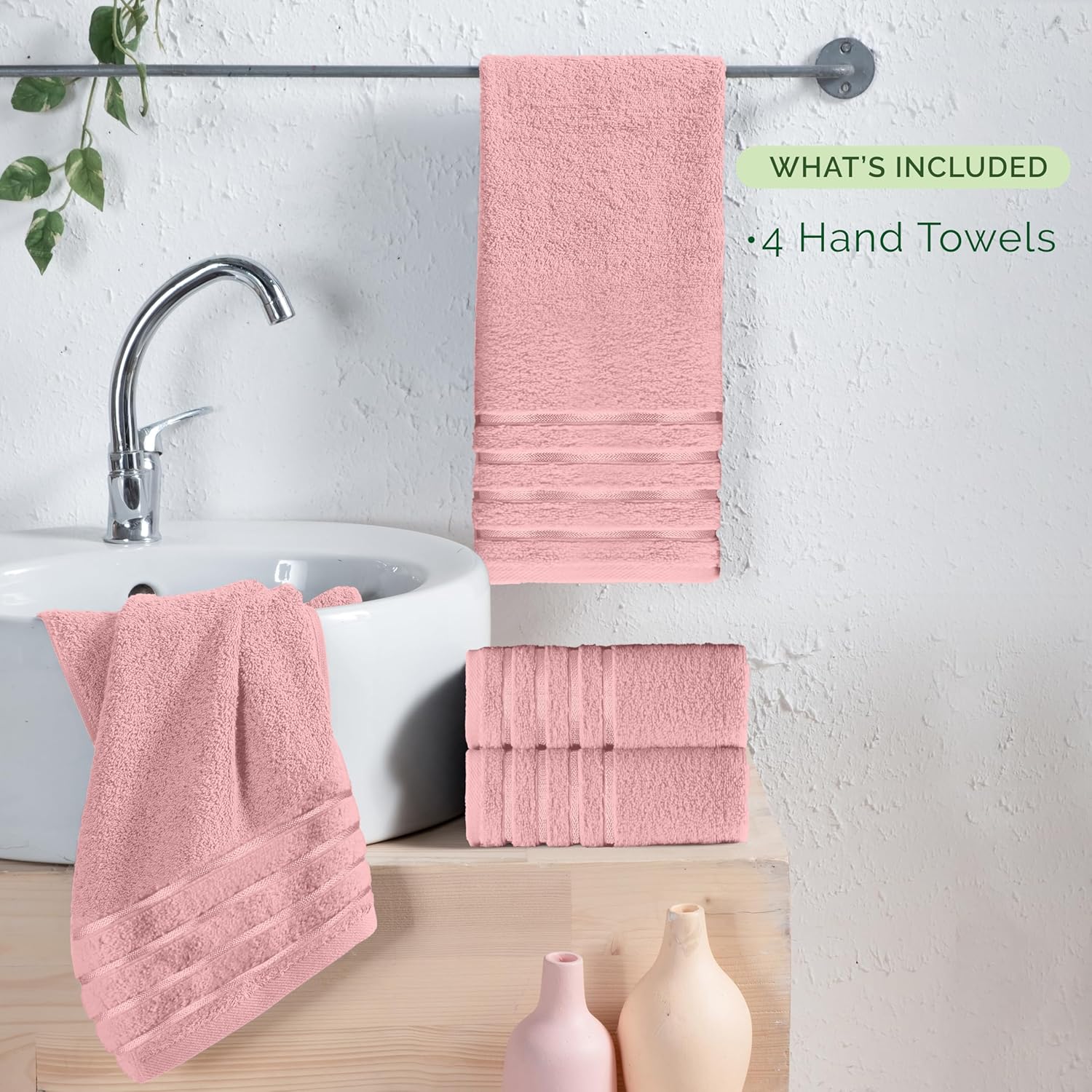 Elegant Comfort 100% Turkish Cotton 4 Lines Viscose Stripe Luxury 4 Pack Hand Towel Set - Ultra Absorbent and Soft 16 x 28 Inch Premium Hotel Spa Quality Towels for Everyday Bath Use, Dusty Rose