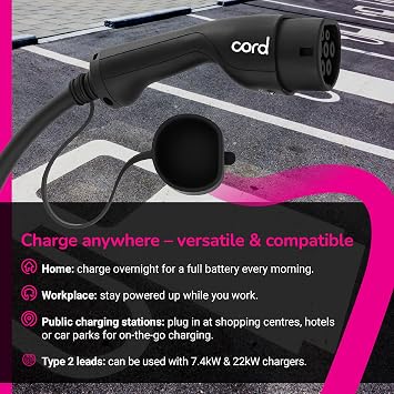 Cord Type 2 to Type 2 EV Charging Cable, 32amp, 7.4kW, 10 Metre, Single Phase, Black & White