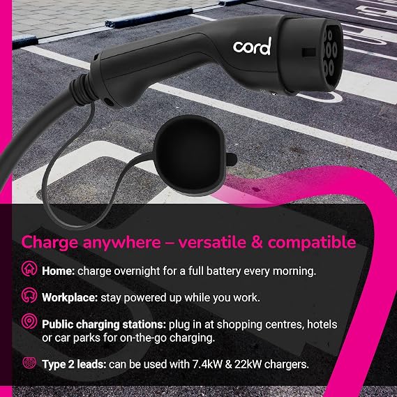 Cord Type 2 to Type 2 EV Charging Cable, 32amp, 7.4kW, 10 Metre, Single Phase, Black & White