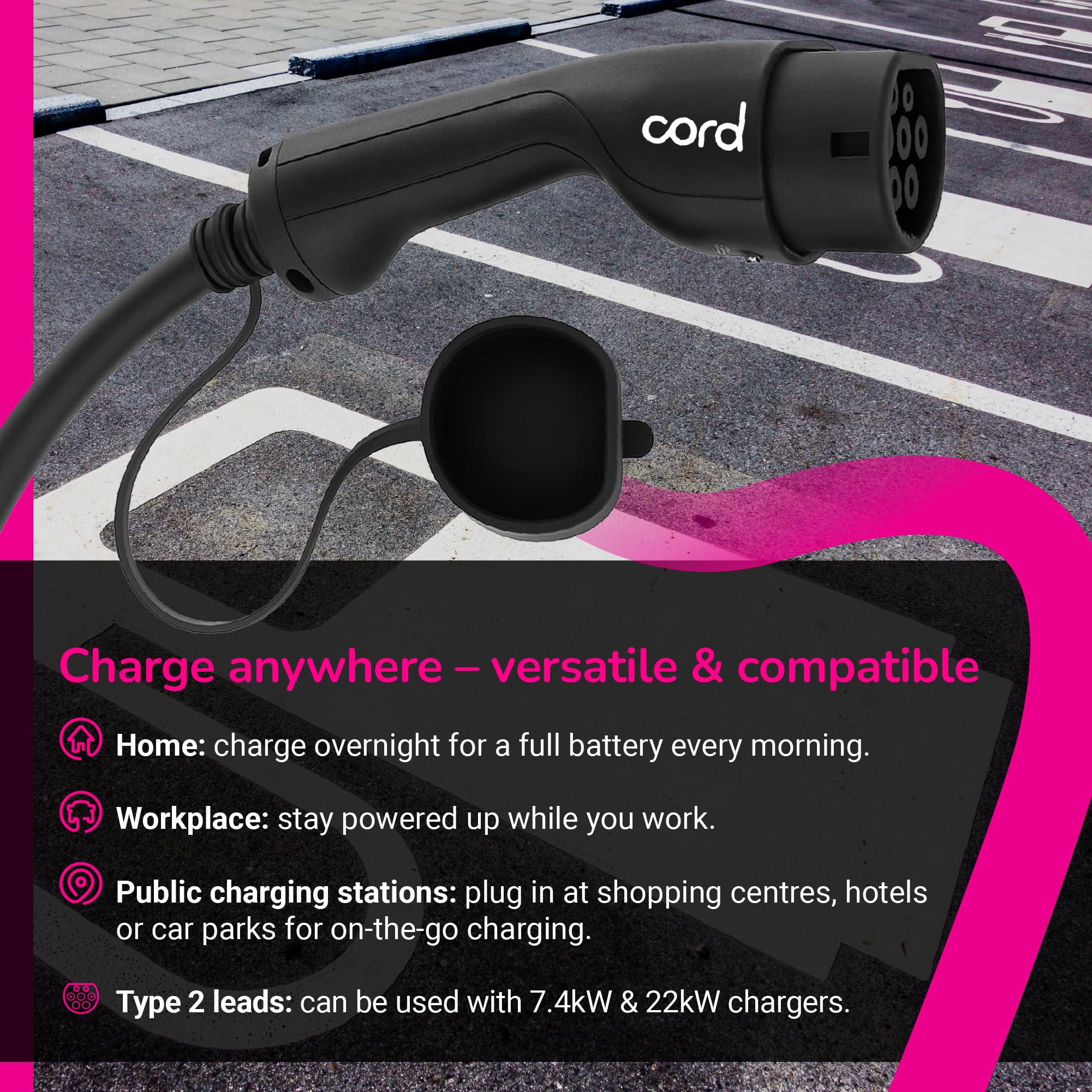 Cord Type 2 to Type 2 EV Charging Cable, 32amp, 7.4kW, 7.5 Metre, Single Phase, Black & White — view 5