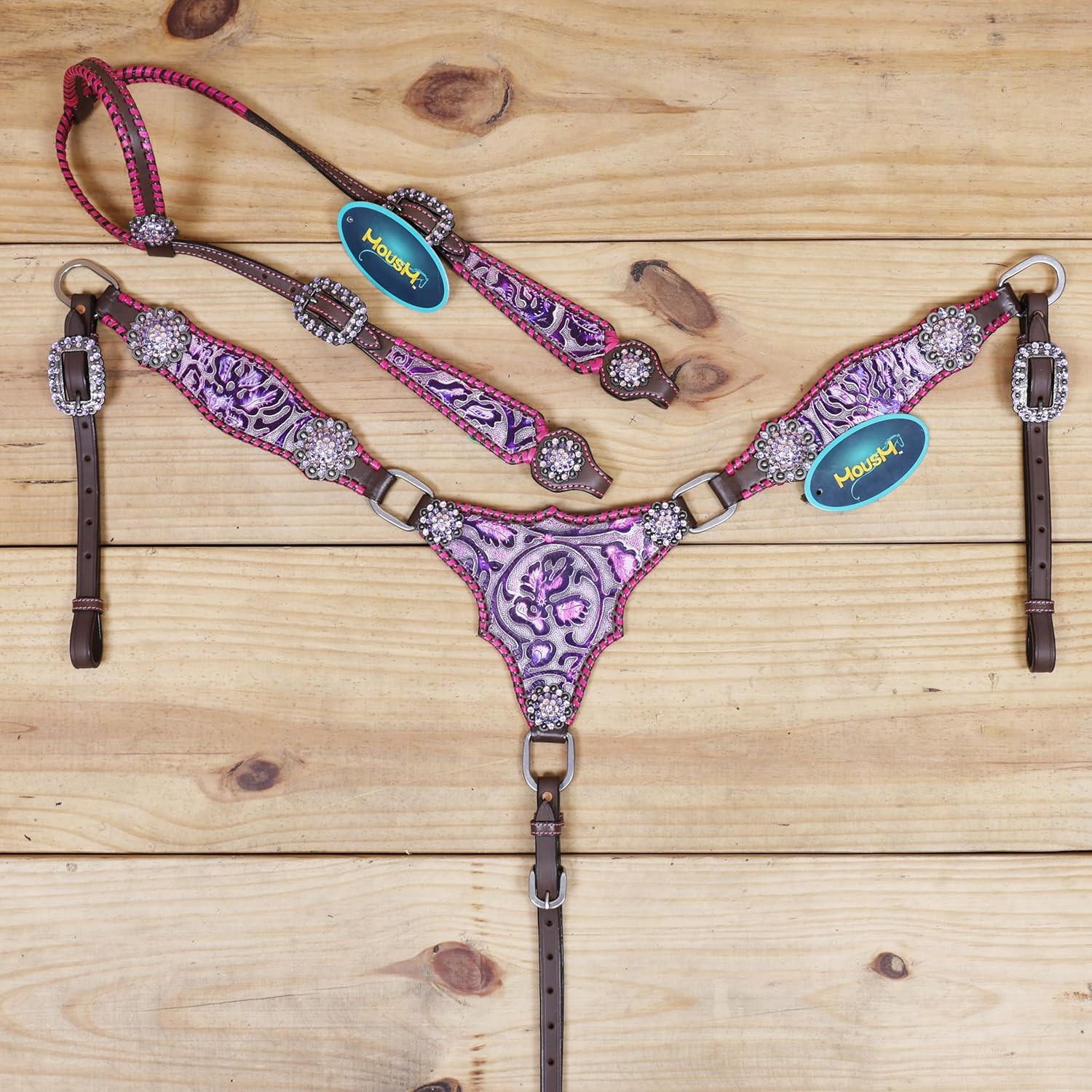 Western Leather Headstall and Breast Collar Tack Set with Pink and Purple Flower Embossed Leather, Pink Whip Stitching, and Rhinestone Berry Conchos