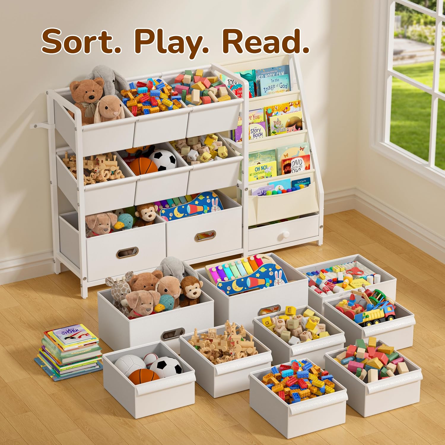 Kids Toy Storage Organizer, Kids Bookshelf and Toy Storage with 9 Bins, Montessori Toddler Bookshelf, Playroom Storage Organization, Baby Book Shelf for Kids Rooms, Nursery, White