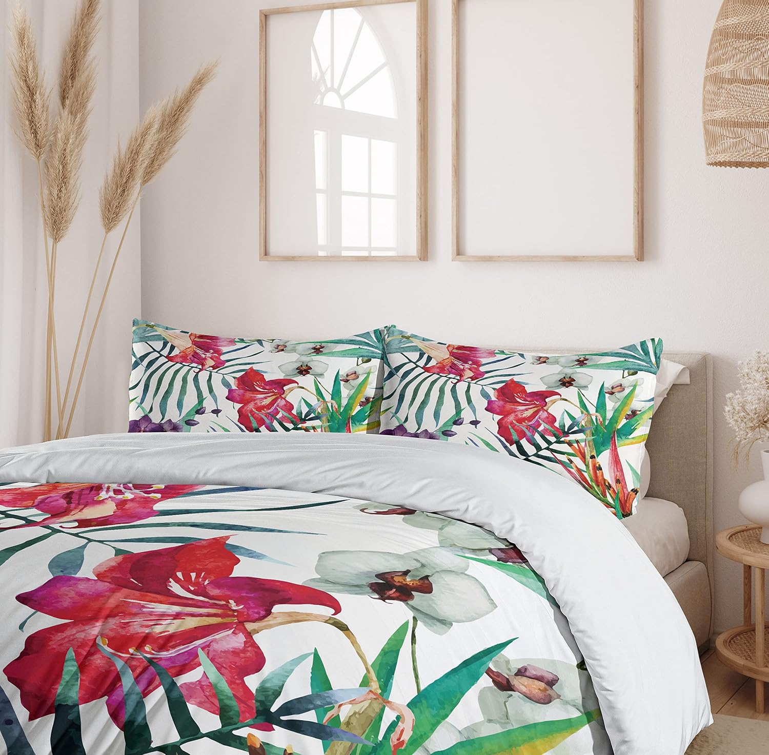 Ambesonne Watercolor Flower Duvet Cover Set, Tropical Wild Orchid Flowers with Palm Leaves Print Exotic Style Nature, Decorative 3 Piece Bedding Set with 2 Pillow Shams, Queen Size, Teal Multicolor