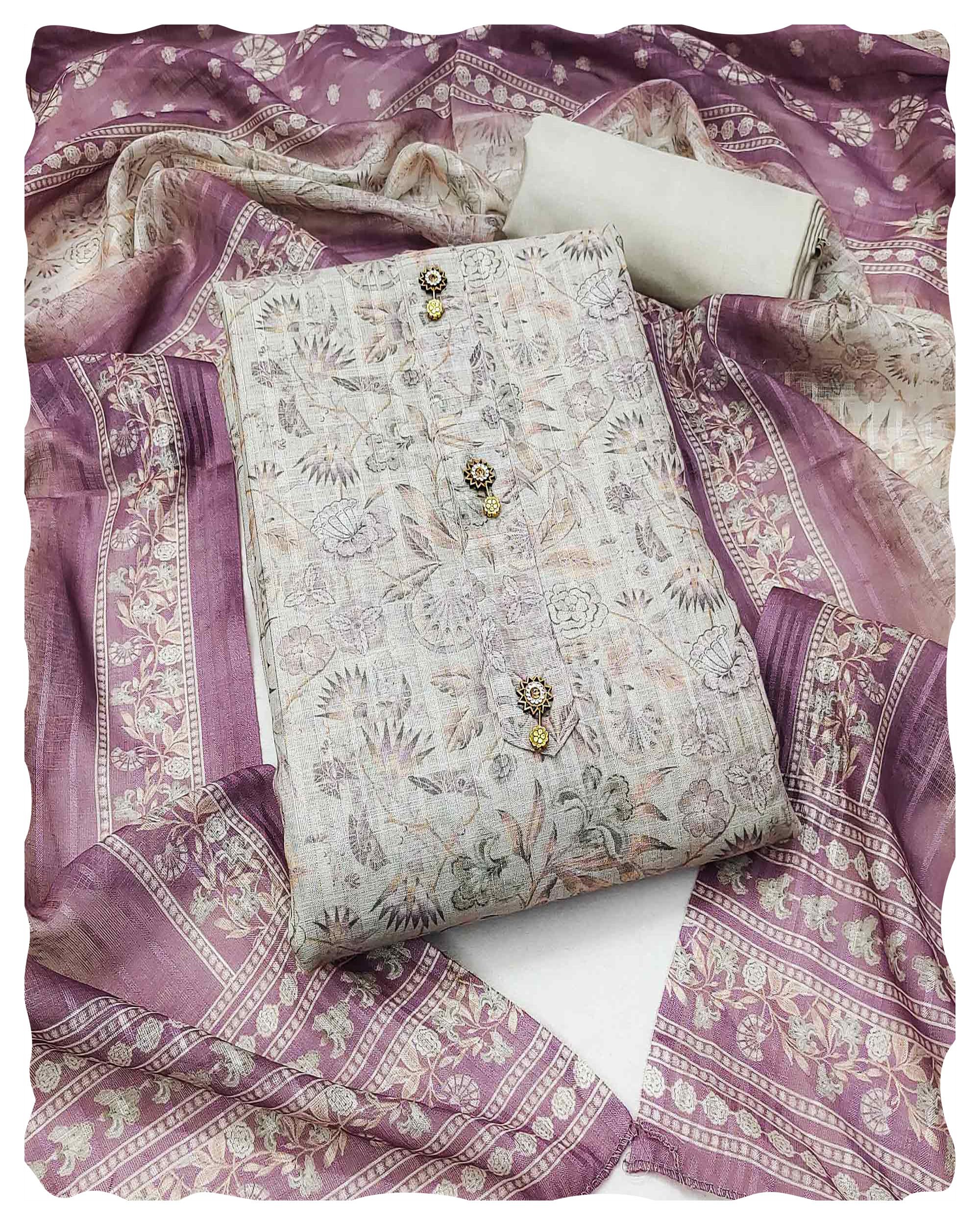 Cream Printed Unstitched Linen Dress Material for Women | Santoon Bottom & Linen Dupatta | Perfect for Casual Wear & Get-Togethers-image-47