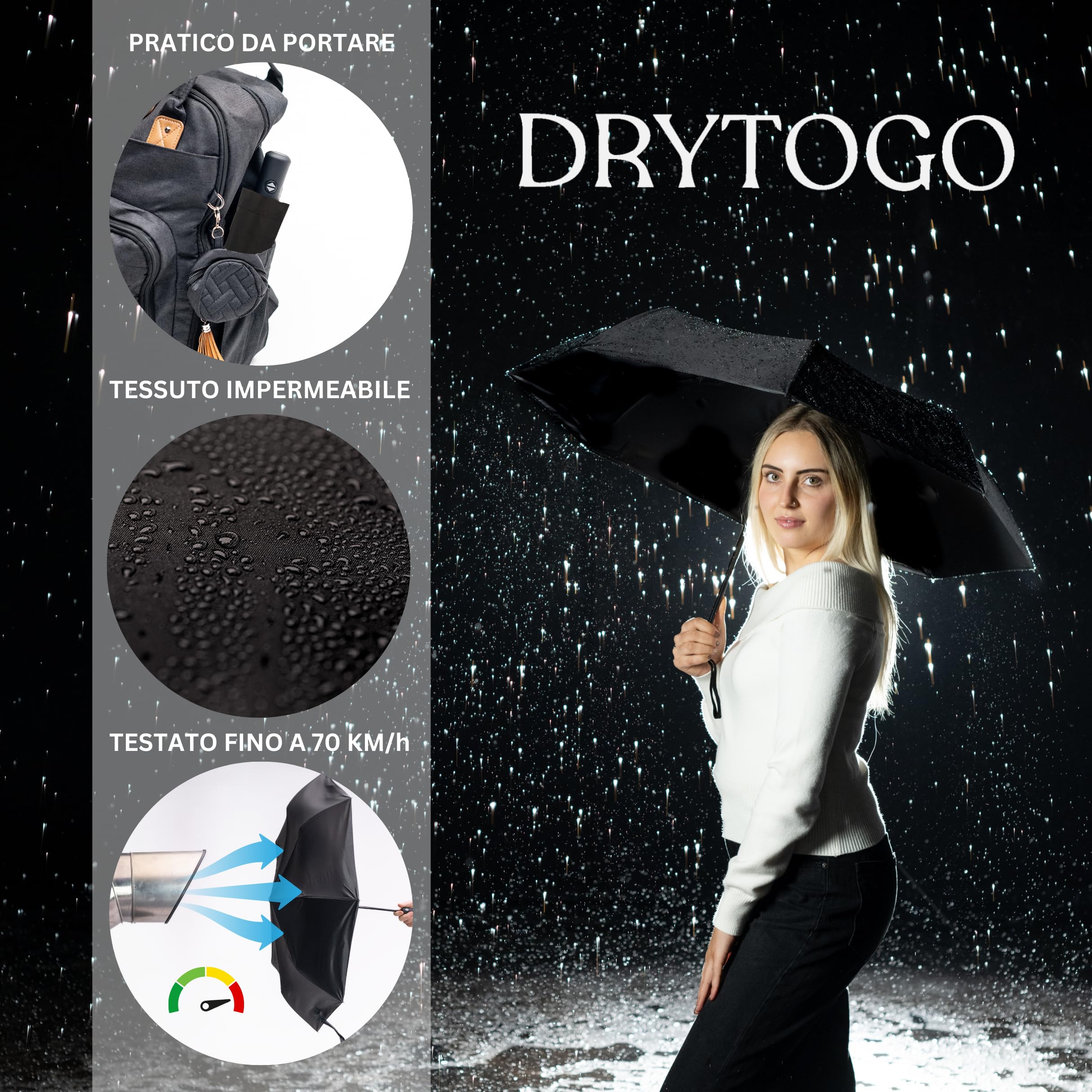 Ombrello pieghevole I apertura e chiusura automatica I resistente al vento, impermeabile e compatto I ombrello da viaggio leggero con manico antiscivolo I perfetto per uomo e donna I Drytogo