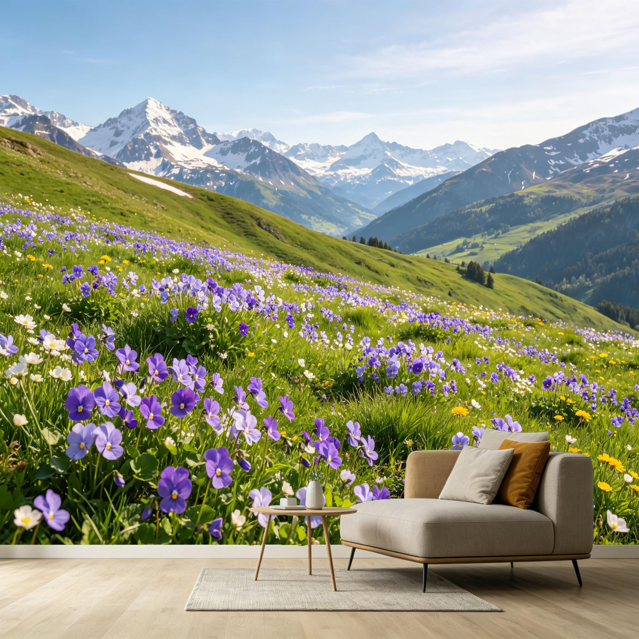 Custom Size Wall Murals Alpine Meadow Landscape Mountain Peak Violet Wildflowers Floral Scene SelfAdhesive Wall Fabric Removable Large Wallpaper for Photo Living Room