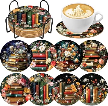 8 Pcs Book Diamond Art Coasters Kit with Holder and Cork Pads, Floral DIY Diamond Painting Coaster Kit for Adults Beginners, Round 4 Inch Drink Coasters Craft Set for Home Decor