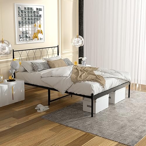 Miniatura 4 de Marco de cama matrimonial tamaño matrimonial plataforma de metal negro marco de cama con base de colchón para almacenamiento con soporte de listones