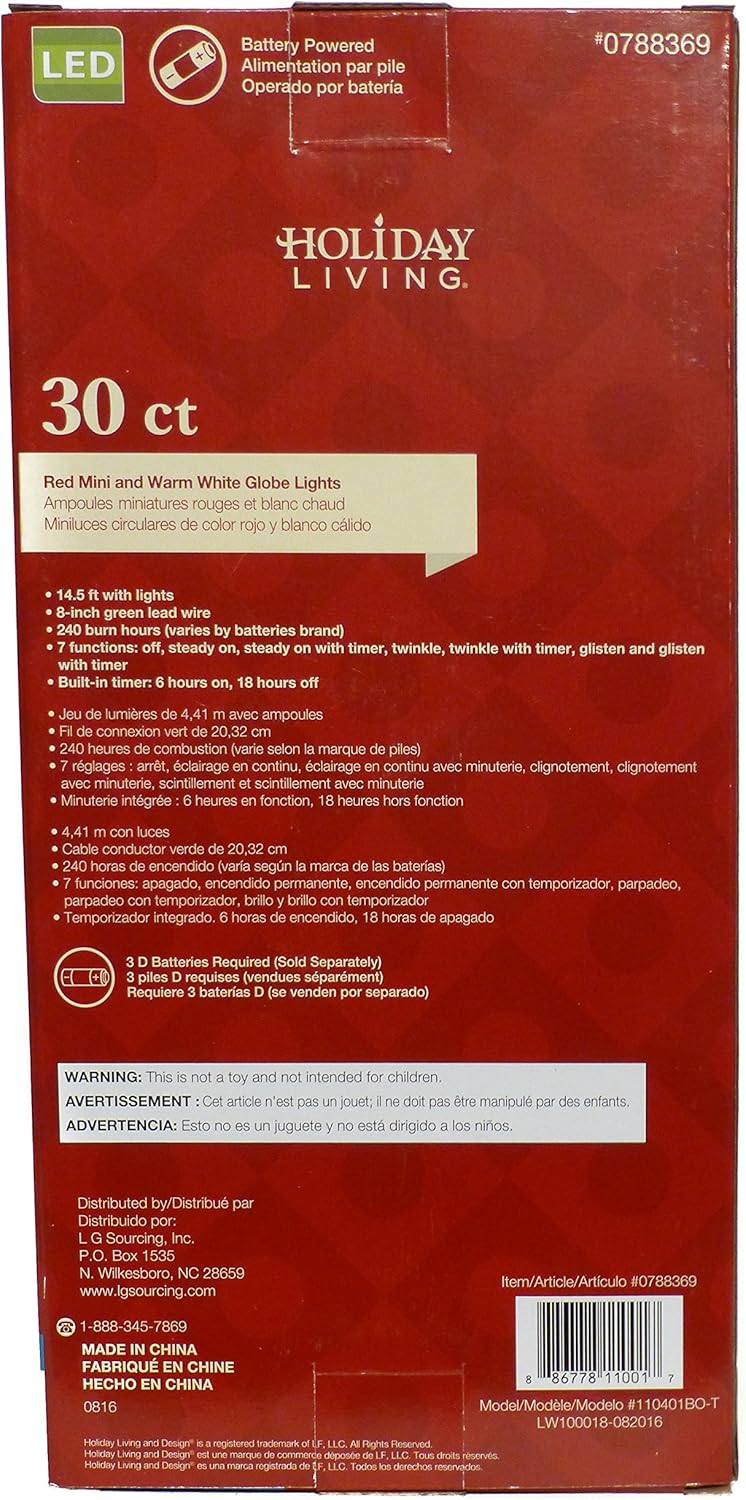 Holiday Living 30-Count LED Battery Operated Red Mini & White Globe Lights Packaging Back