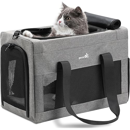 Pecute Cat Carrier, Pet Carrier Airline Approved, Portable Dog Carrier with Stable Structure, Breathable Mesh Fabric Bag for Pets, Gray Pet Carrier Suitable for Both Long and Short Trips