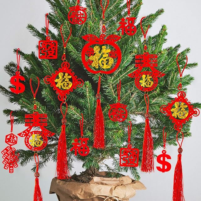 Whaline 46Pcs Chinese New Year Decorations Mini Red Chinese Knot Pendant Traditional Lucky Hanging Ornaments for New Year Home Office Car Tree Spring Festival Decorations, 8 Designs