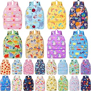 24 Pack 15 Inch Kids Backpack in Bulk for Preschool Kindergarten Elementary Student Toddler Assorted Printed Bookbags for Donation (Whimsical Prints)