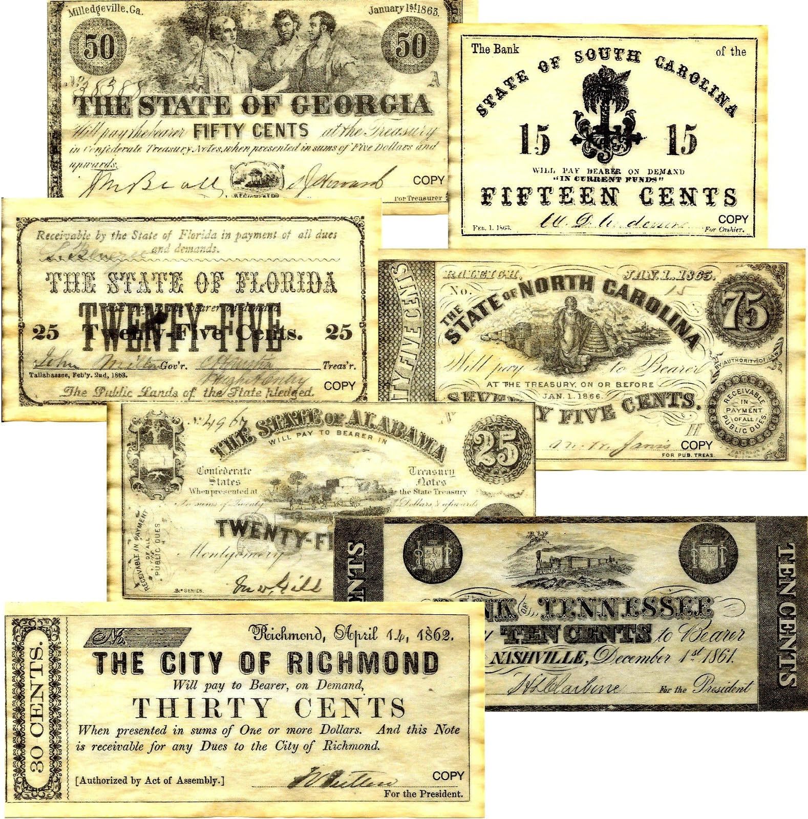 HD6 7 Civil War Paper Coins Set D (Reproductions)