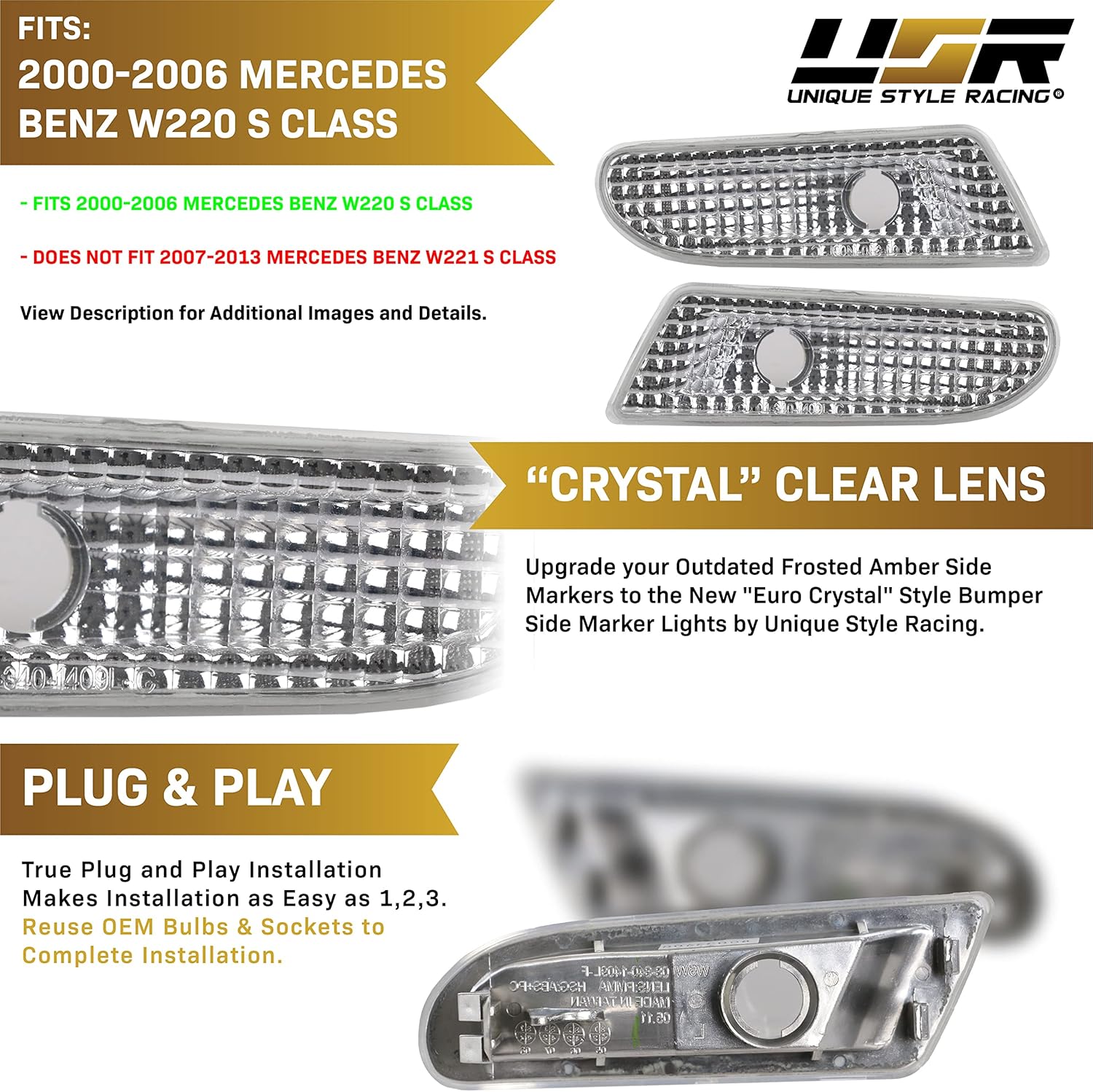 USR DEPO 00-06 W220 S-Class Clear Lens Bumper Side Marker Lights Assembly Set (Left + Right) Compatible with 2000-2006 Mercedes Benz W220 S Class