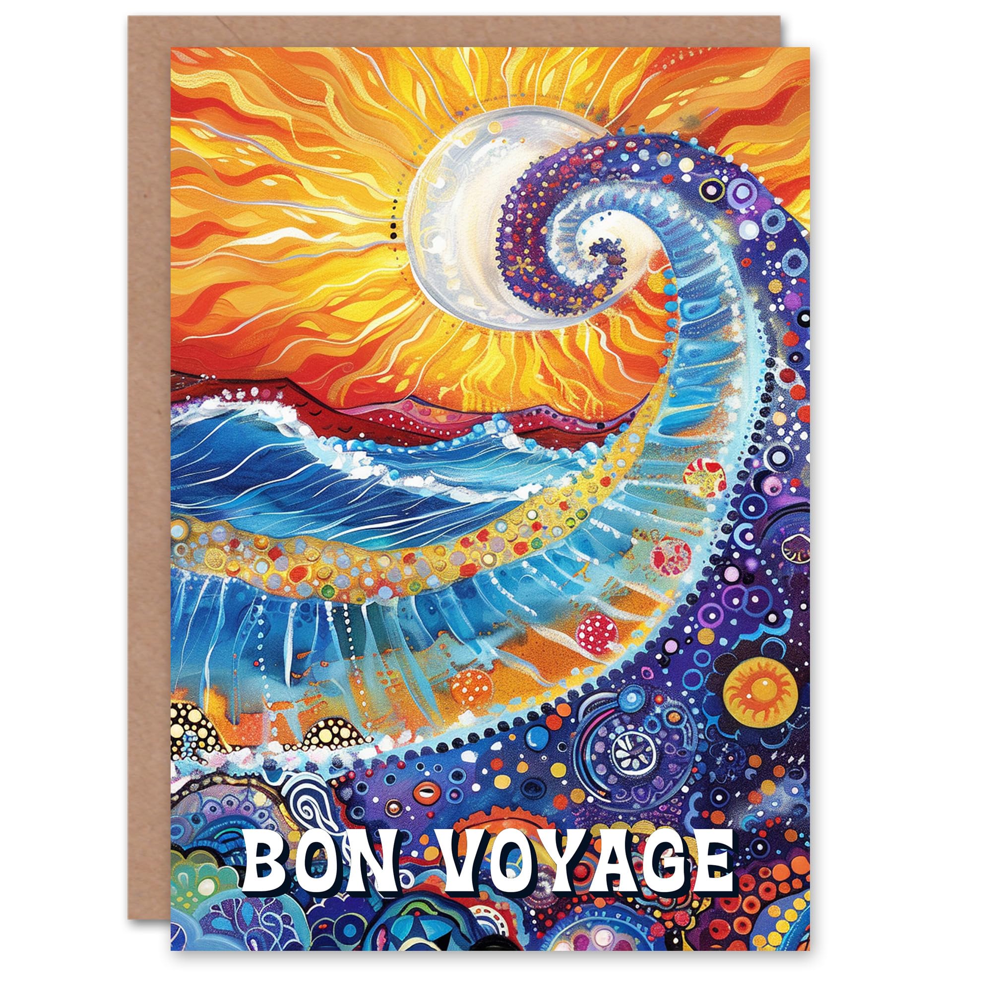 Artery8 Bon Voyage Sun Colourful Seascape Wave Folk Art For Her Woman Farewell Card