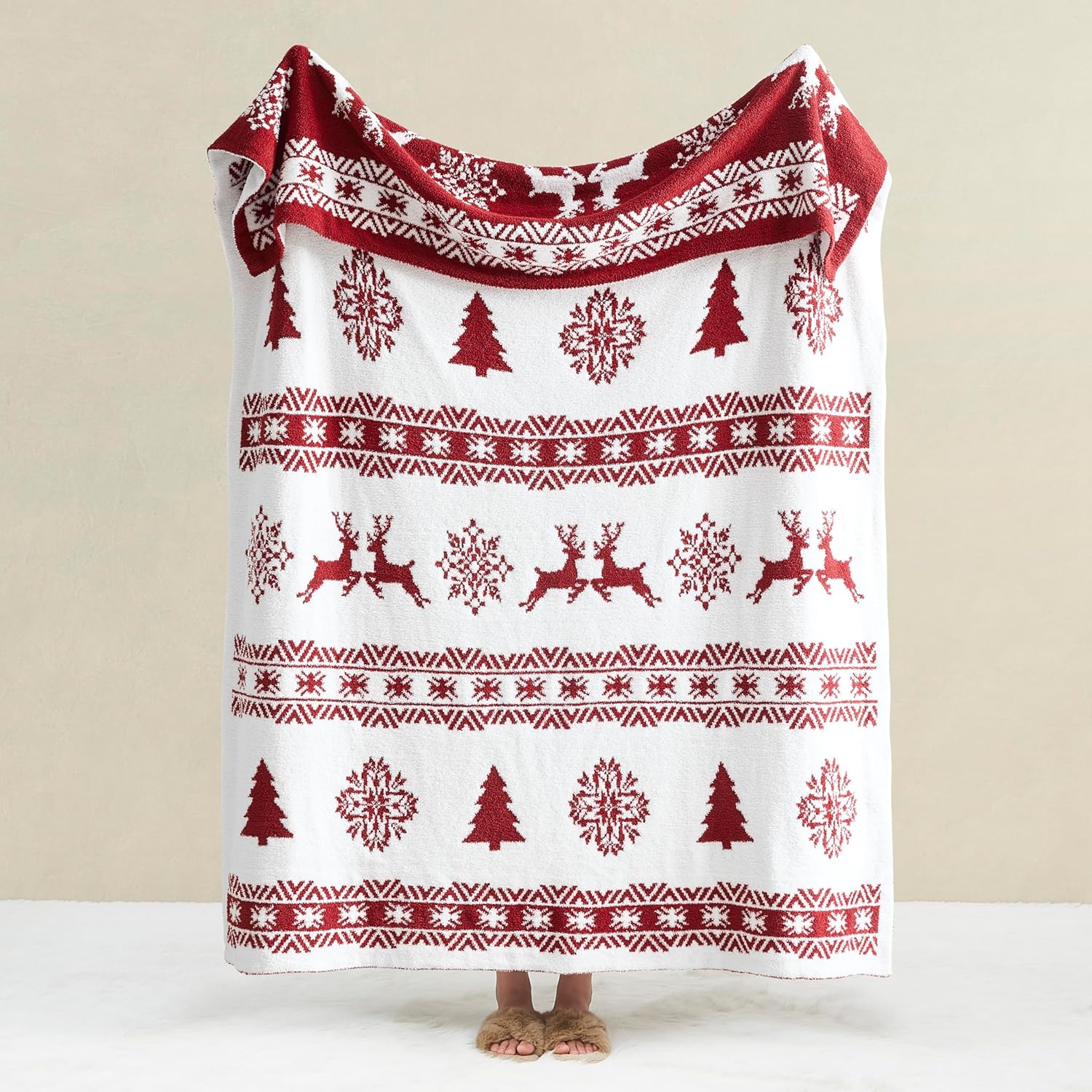 WDCOZY Christmas Throw Blanket Snowflake Reindeer Reversible Super Soft Knitted Blankets for Couch Bed Sofa Microfiber Home Decor Warm Cozy Comfy Lightweight Fall Blanket Winter 60x80 Red