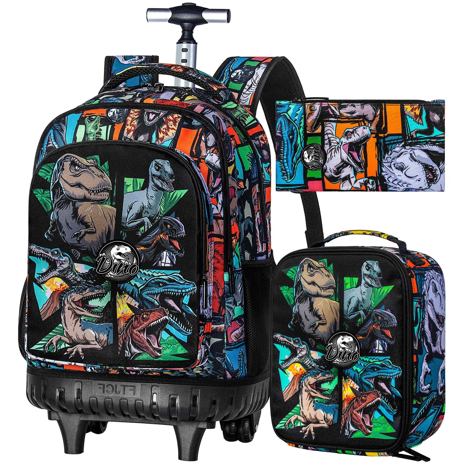 WZLVO 3PCS Rolling School Backpack, Water Resistance Roller Bookbag for Boys, Wheeled Bag Set with Lunch Box & Pencil Bag for Teens & Kids - Dinosaur Gathering