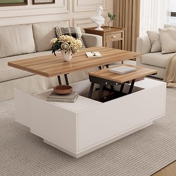 Soweiz Modern Coffee Table with Double Lifting Mechanism Coffee Table Height Adjustable Hidden Storage Space - Maximum Load 50 kg 100 x 50 x 55.5 cm White + Wood Colour