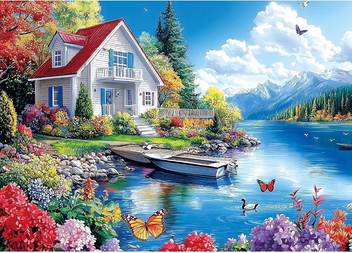 1000 Piece Jigsaw Puzzle for Adults Lakeside Cottage Mountain House