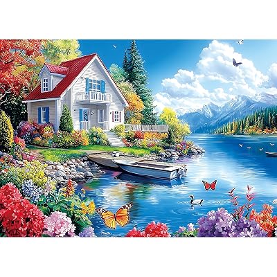 PuzzOne 1000 Piece Jigsaw Puzzle for Adults Lakeside Cottage Mountain House