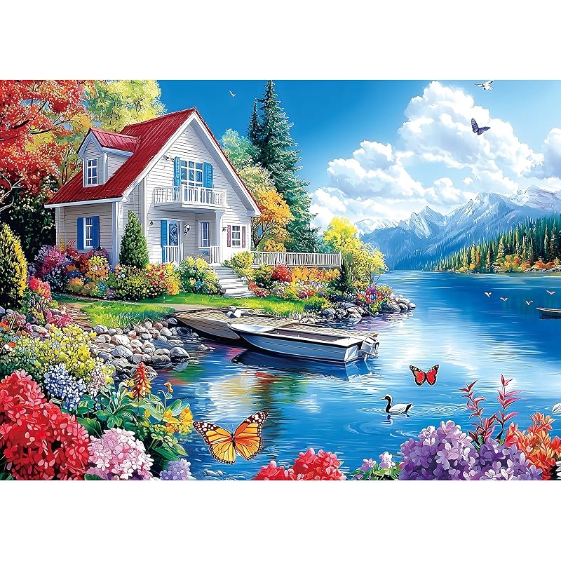 PuzzOne 1000 Piece Jigsaw Puzzle for Adults Lakeside Cottage Mountain House