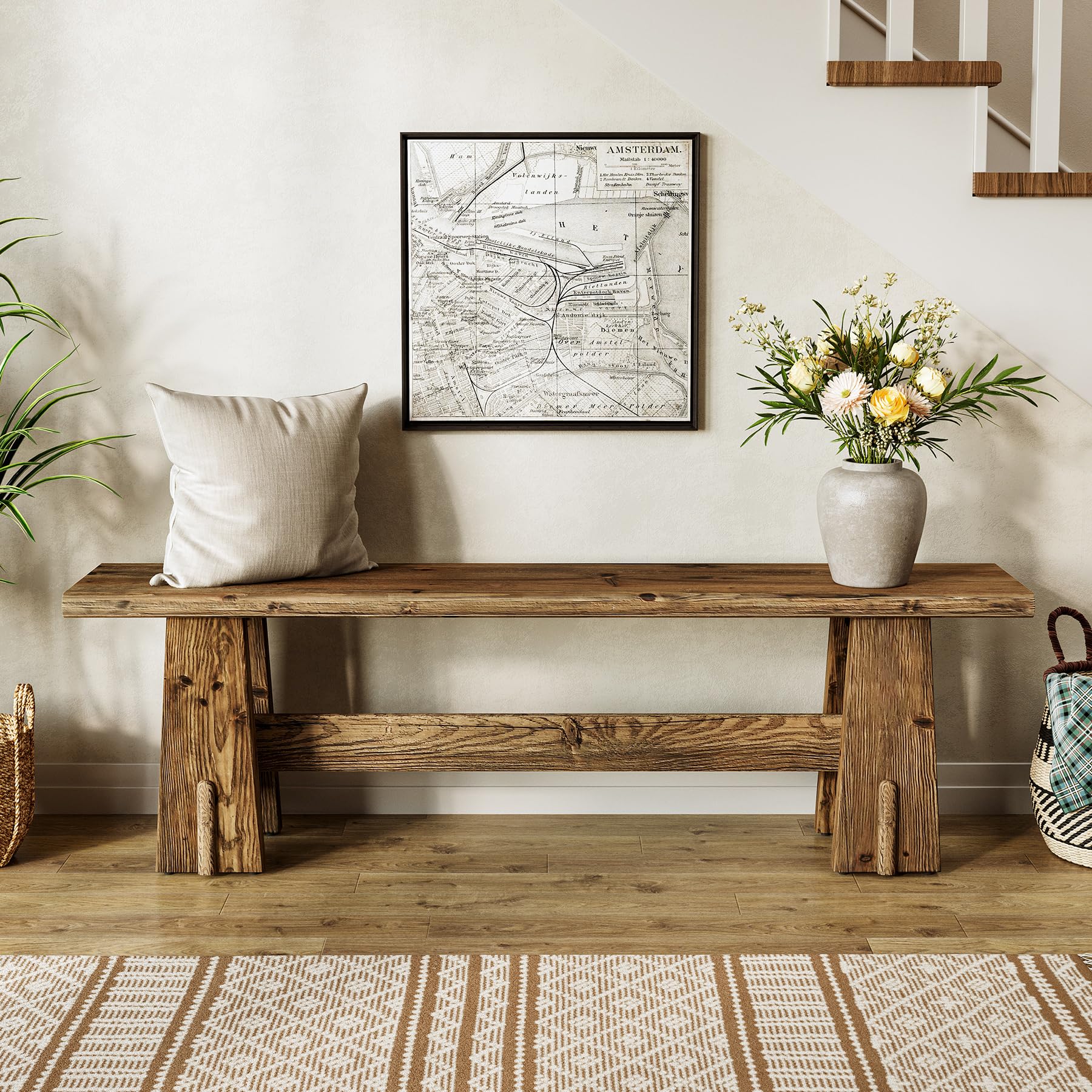 LITTLE TREE 59" Solid Wood Bench, Farmhouse Entryway Bench, Long Retro Bench for End of Bed, Dining Room, Entryway, Hallway, Living Room, Bedroom, Kitchen, Sturdy Frame Design, Rustic Brown