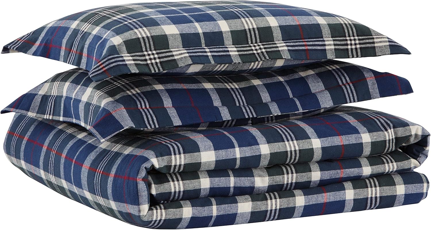 Amazon Brand – Stone & Beam Rustic Plaid Flannel 3 Piece Duvet Cover Set, Full/Queen, Blue and Green
