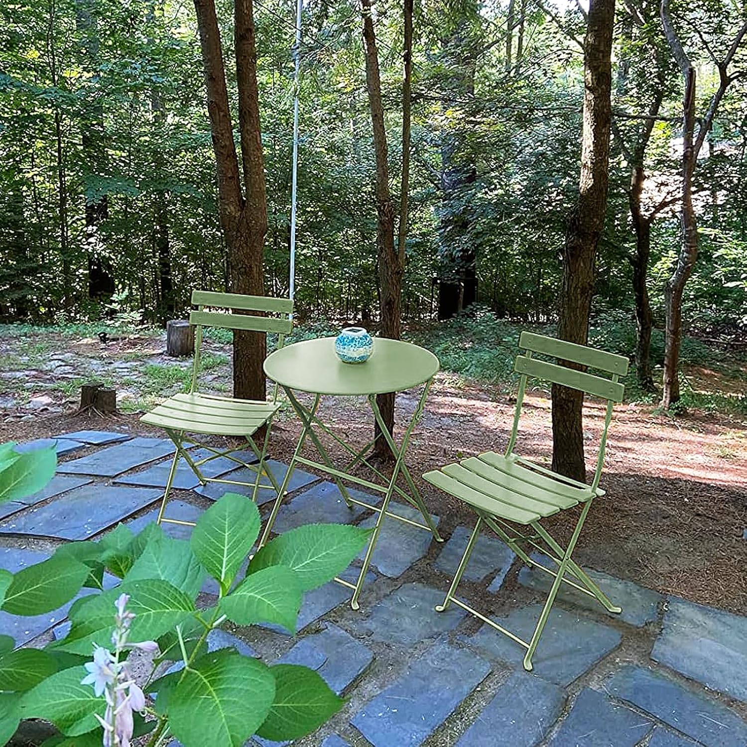3-Piece Bistro Table and Chairs, Wrought Iron Bistro Set, Anti-Rust, Waterproof Folding Cafe Table and Chairs Set of 2, Foldable Small Bistro Set for Small Space/Indoor/Outdoor/Porch/Lawn/Balcony