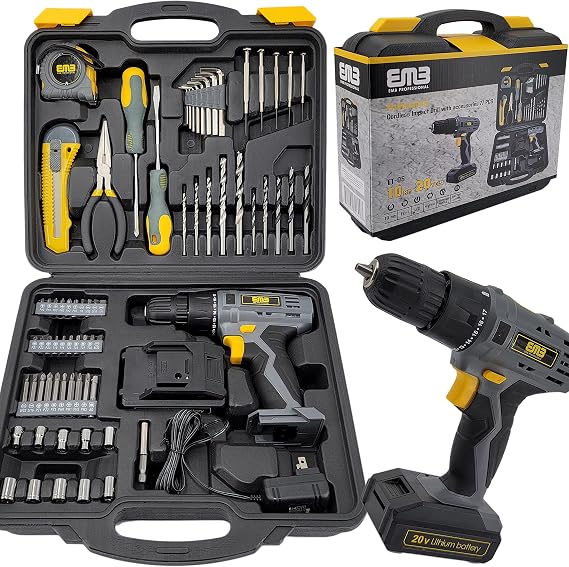 20V Speed 1300 RPM Household Lithium Battery Cordless Drill Driver Power Drill with 77 Pieces and a 1300mA Large Capacity Lithium Ion Battery Stays Powered Up