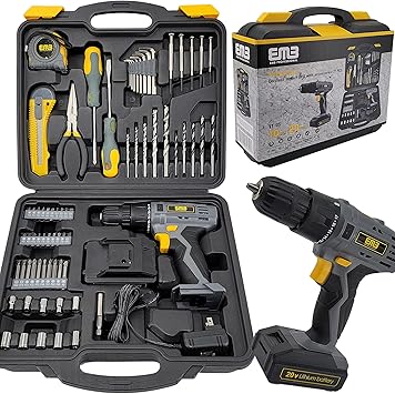 20V Speed 1300 RPM Household Lithium Battery Cordless Drill Driver Power Drill with 77 Pieces and a 1300mA Large Capacity Lithium Ion Battery Stays Powered Up