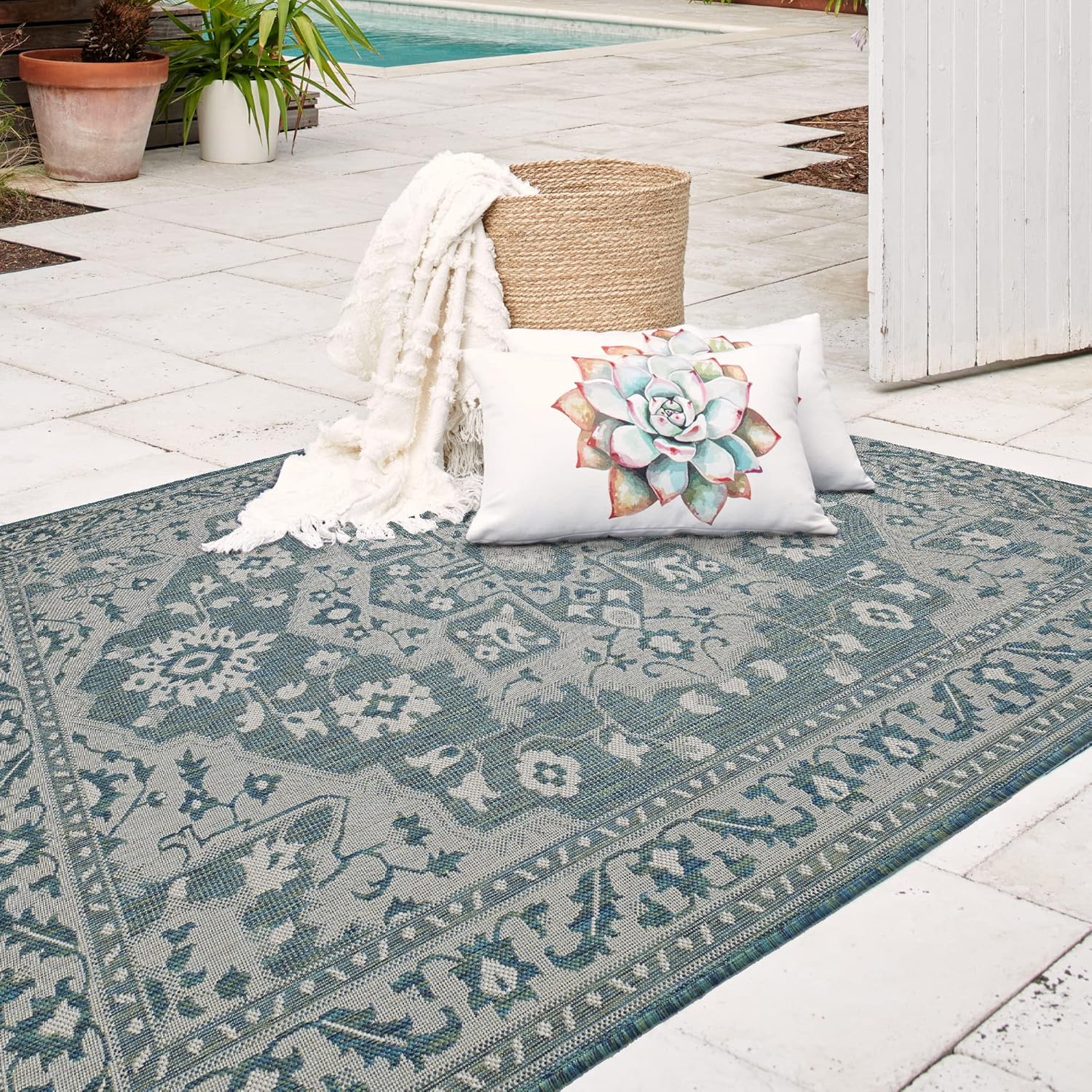 FH Home Flat Woven Outdoor Rug - Waterproof, Easy to Clean, Stain Resistant - Premium Polypropylene Yarn - Vintage - Patio, Deck, Porch, Balcony, Laundry - Shiraz - Ocean - 3ft 11 in x 5ft 6in