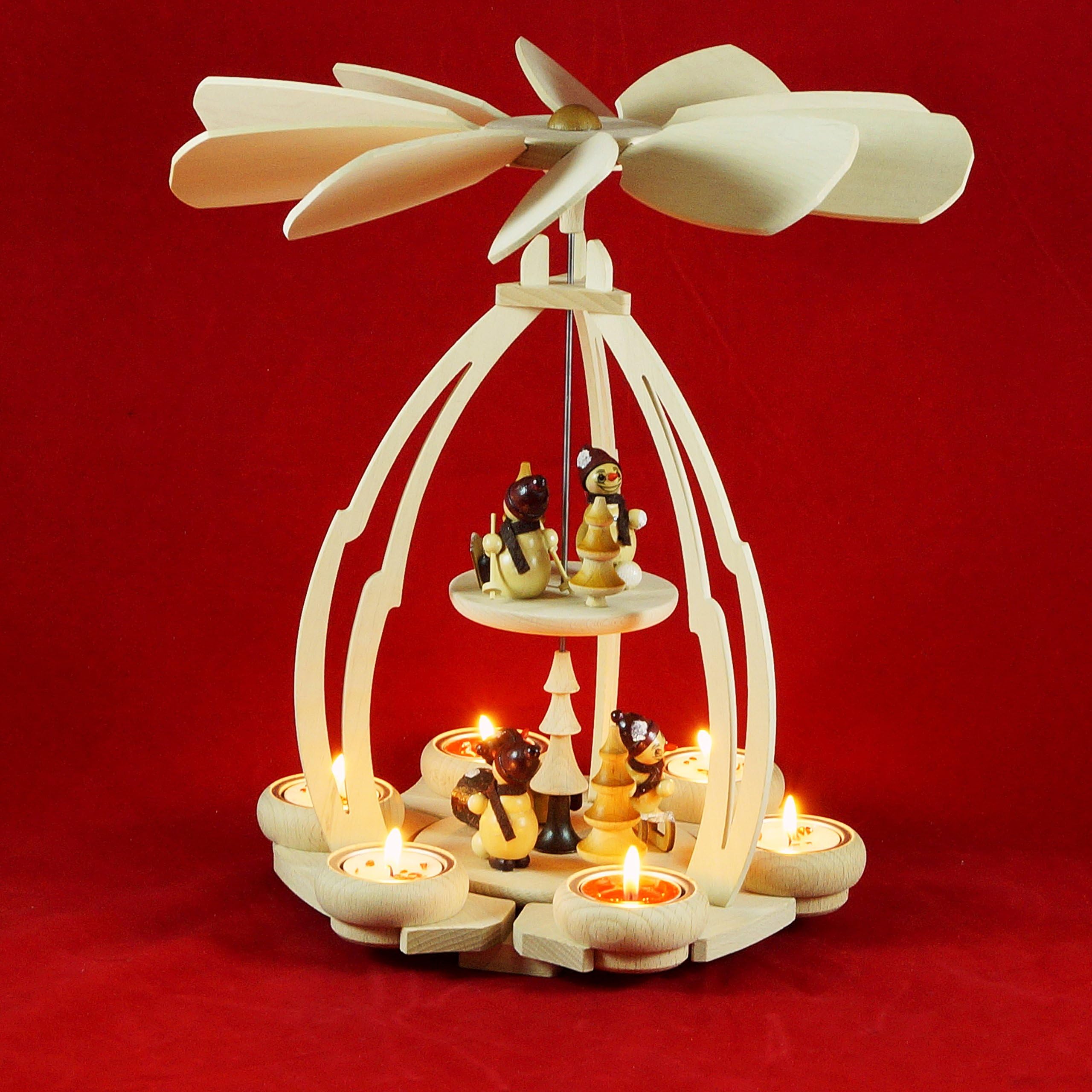 Sigro Erzgebirges Wooden Table Pyramid with Snowman Figure for 6 Tealights, 45 x 24 x 24 cm, Wood, Beige, One Size