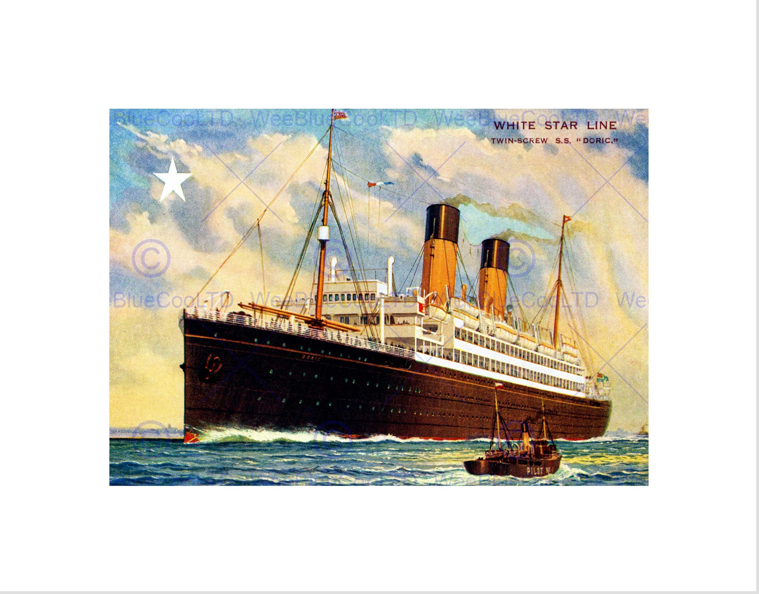 Wee Blue Coo Travel White Star Line Doric Postcard Ocean Liner Tug Wall Art Print