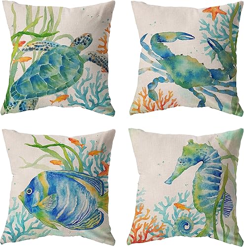 Juego de 4 fundas de almohada costeras de 18 x 18 pulgadas, diseño de océano, para exteriores, playa, temática de verano, tortuga, caballito de mar,