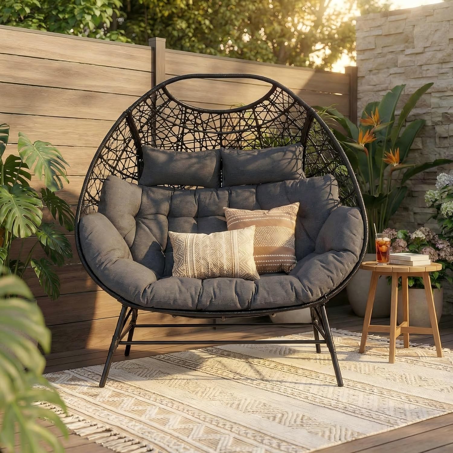 IRONCK Egg Chair Outdoor, Double Egg Lounge Chair with Thickened Padded Cushions and Headrests, 700 Lbs 2 Person Egg Loveseat for Garden, Indoor, Porch, Balcony, Patio, Dark Gray