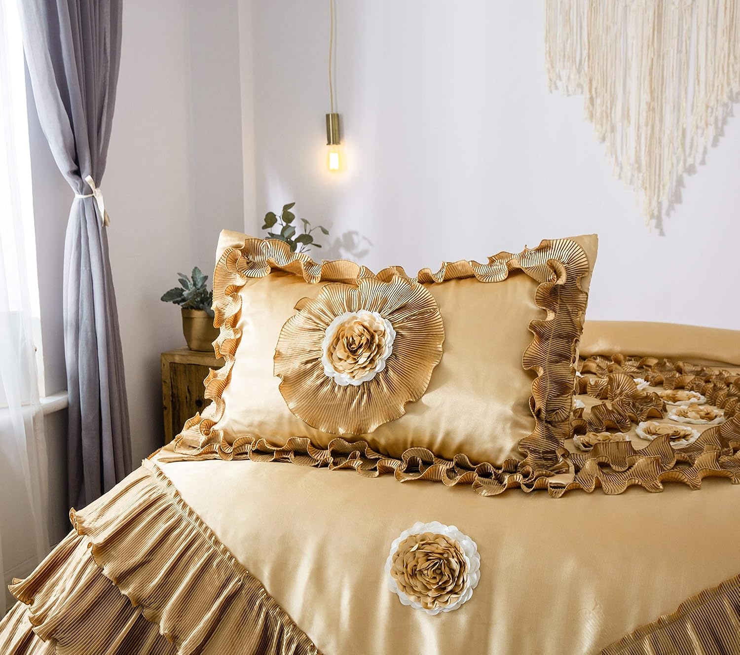 Tache Satin Ruffle Floral Luxurious Honey Gold Caramel Latte Victorian Royal 6pc Comforter Bedding Set, California King
