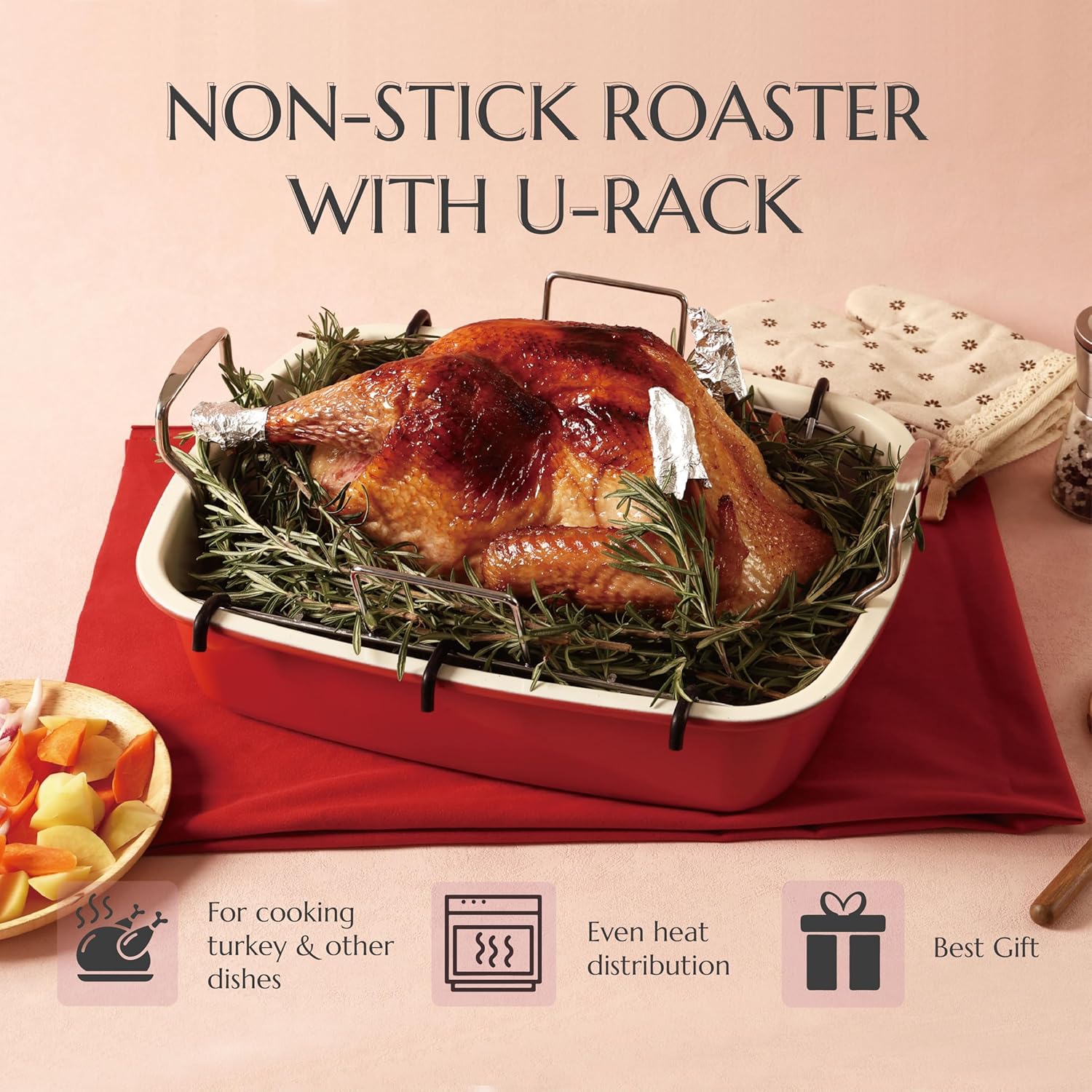 UUKRAVE Turkey Roasting Pan with Rack (U-Shaped), Large 17.3 x 14.6 Inch Nonstick Roaster Pan for 25 lb Turkey or Chicken, Deep Oven Tray, 0.8 mm Heavy Duty Steel, Stainless Steel Handle, Red - Image 5