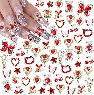 24PCS Red Nail Charms Y2k Alloy Nail Art Rhinestone Charms 3D Heart Star Sailor Moon Nail Charms with Rhinestones Bear Cherry Nail Gems Shiny Jewelry Nail Decorations Supplies C