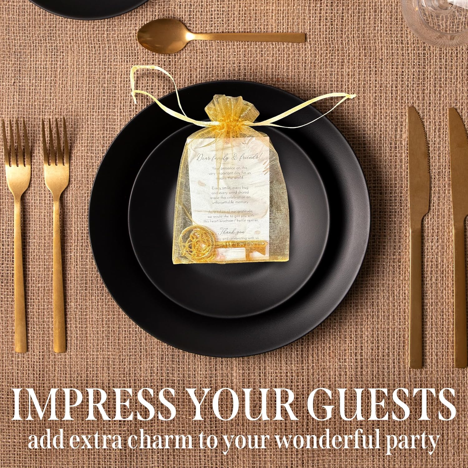 Simply Party - Favors for Guests, 50 Pack Gold Keychains Party Favors in Bulk, Accompanied by a Thank you Card, Gift Bag, with Elegant Cream Design, Baby Shower, Bridal Shower, Birthday Party, Wedding