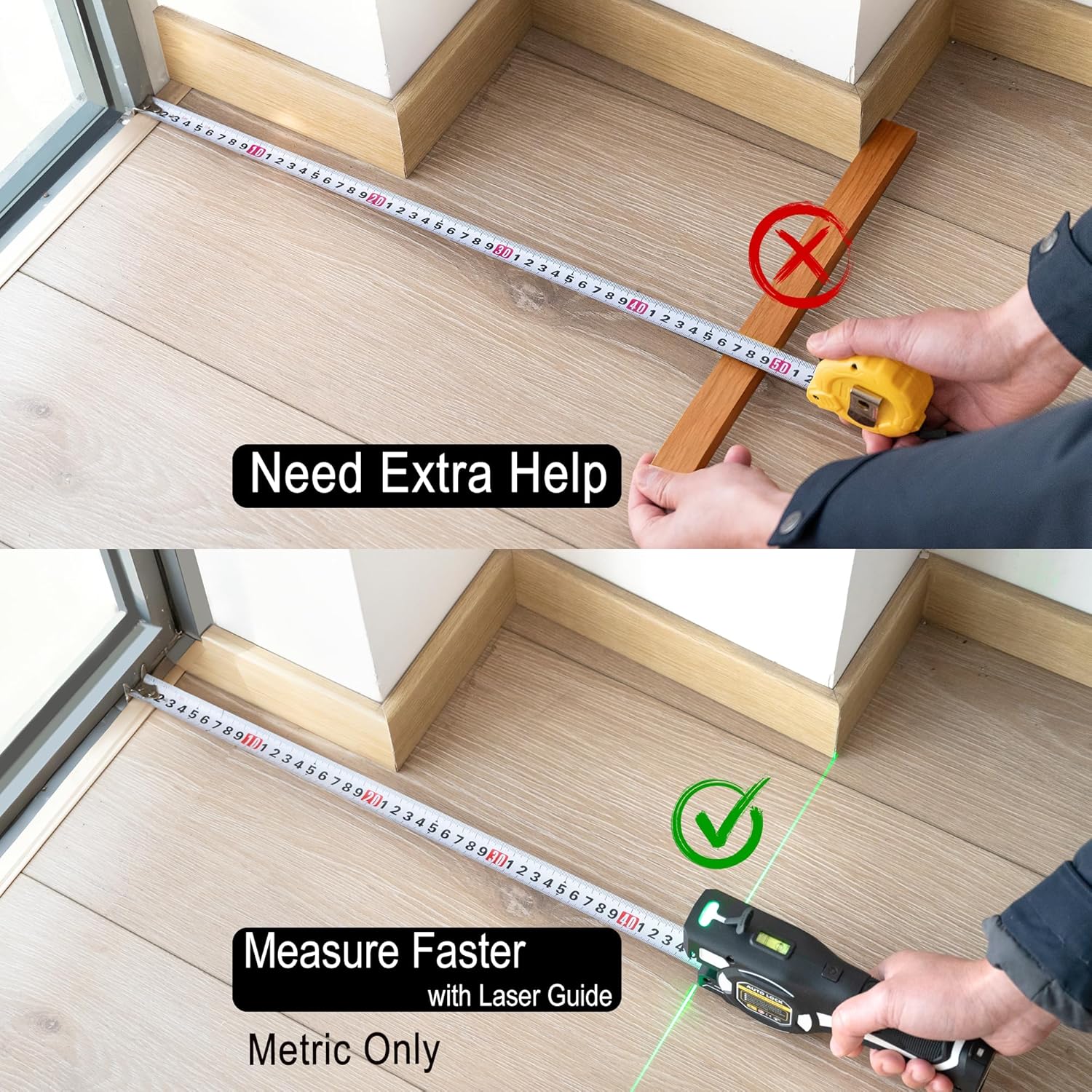 Laser Alignment Tape Measure (Upward + Side Green Laser Lines) for Ceiling & Picture Hanging, Auto-Lock Retractable Metric Tape, Built-in Bubble Level, USB-C Rechargeable, 16ft/5m (Metric Only)