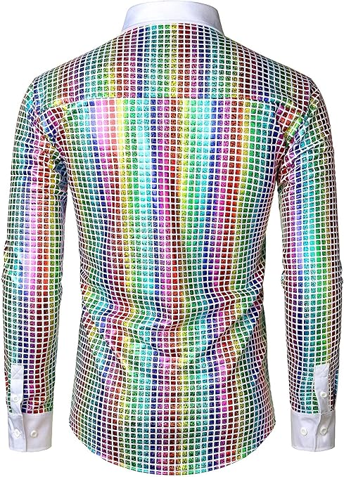 JOGAL Glitterjurk en shirt voor heren, lange mouwen, pailletten, jaren 70, discoparty, kostuum, zwart, L