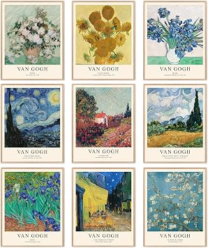 uniro Van Gogh Wall Art Prints Vintage Van Gogh Sunflowers Starry Night Retro Famous Artist Paintings Museum Gallery Exhibition Poster for Living Room, Bedroom, Dorm, Office, Unframed 8x10 inches