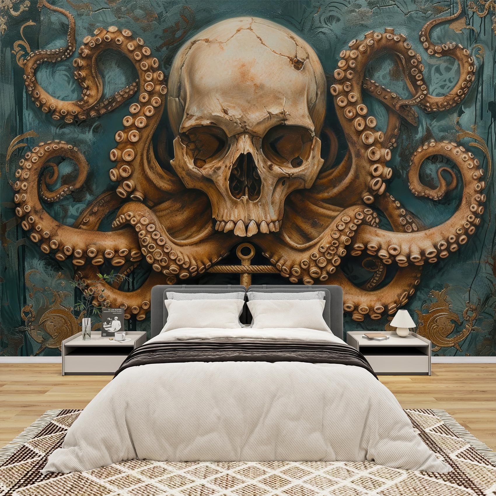 Fototapete Totenkopf Schlafzimmer, 3D Tapete Gothic Oktopus, Vliestapete Grün Braun, Tapeten Wohnzimmer Muster, Nautisch Anker Wand Deko Kinderzimmer, Wandtapete, Mustertapete Vlies 416x254 cm