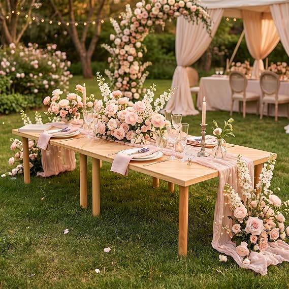 Folding Picnic Table for Indoor Outdoor, Portable Boho Low Picnic Table with Table Runner, 60 x 30 Wooden Table for Camping, Wedding, Beach, Garden, Party, Seats 6-8 People