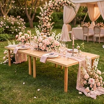 Folding Picnic Table for Indoor Outdoor, Portable Boho Low Picnic Table with Table Runner, 60 x 30 Wooden Table for Camping, Wedding, Beach, Garden, Party, Seats 6-8 People