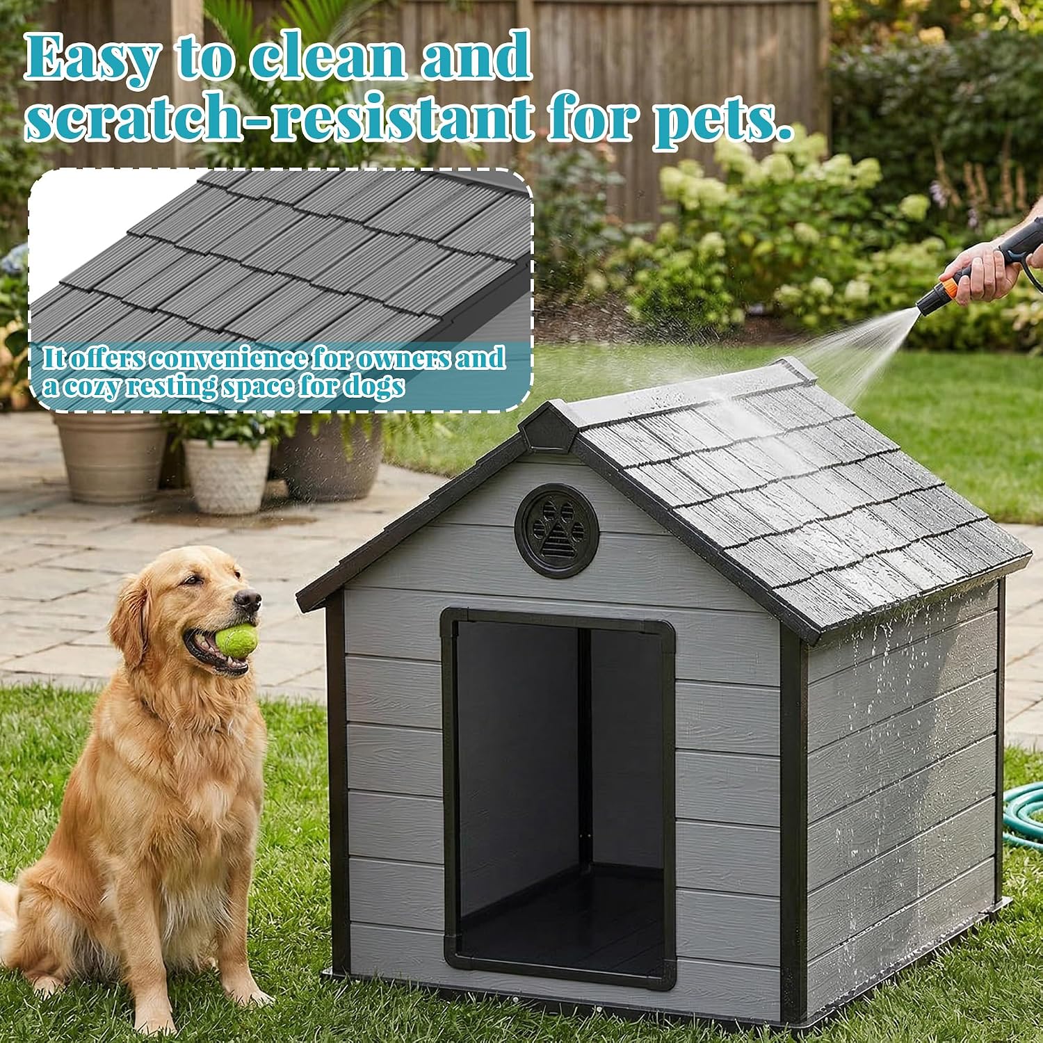 DRATO Dog House, Resin Outdoor Shelter for Large Dogs, Spacious Wood-Grain Kennel with Hidden Ventilation, Easy to Clean & Assemble, Waterproof Weather-Resistant, Ideal for Outside Use