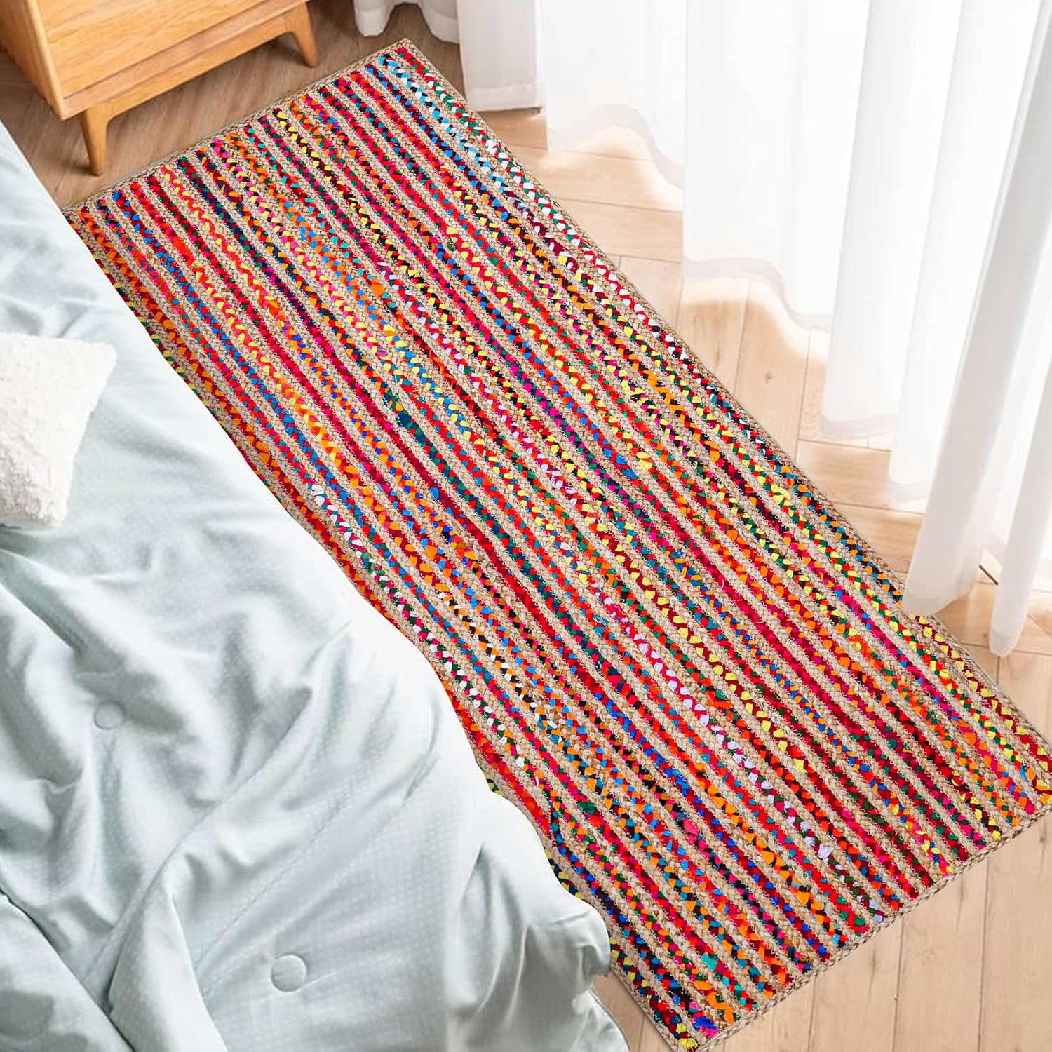 Hausattire Bohemian Braided Runner Rug 2'x6' - Multi Color, Long Farmhouse Jute Cotton Area Rag Rugs for Hallway, Kids Bedroom, Kitchen | Colorful Hand Woven Reversible Floor Carpet - 24x72 Inch