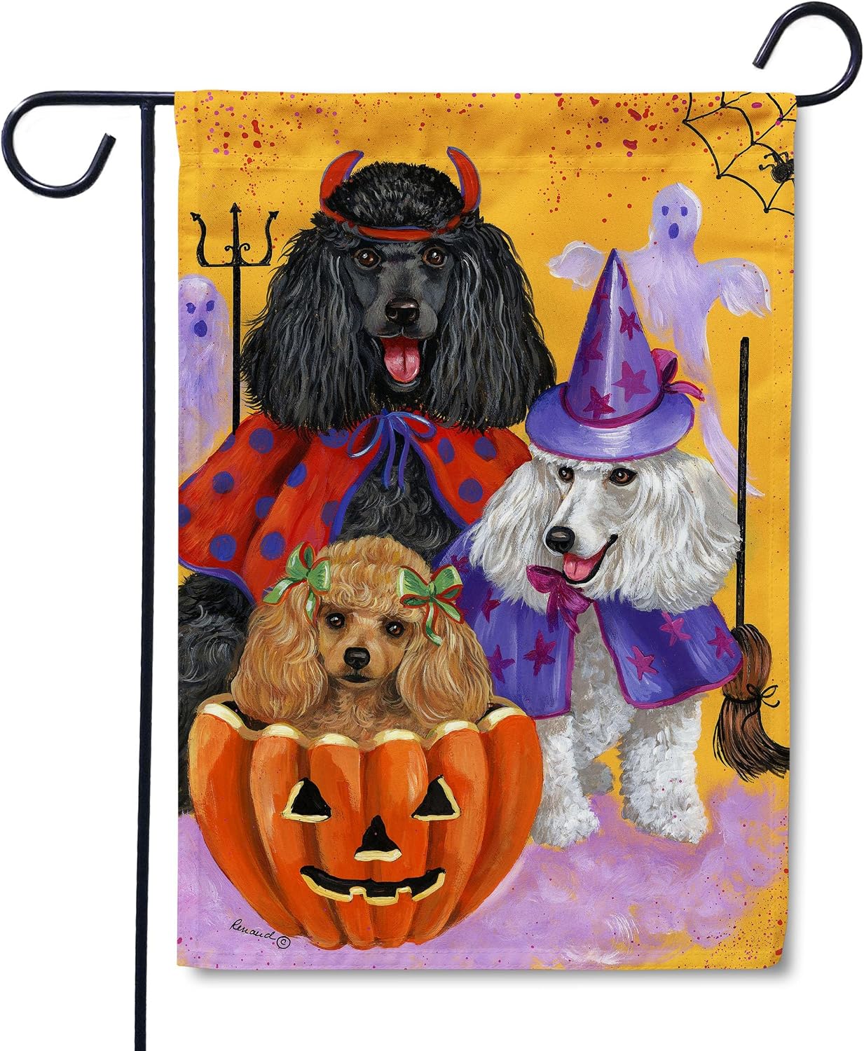 Flagology, Poodle Halloweenies Garden Flag 12" x 18", Outdoor Flag, Exclusive Premium Fabric, Dog, Poodle, Halloween, Precious Pets Paintings