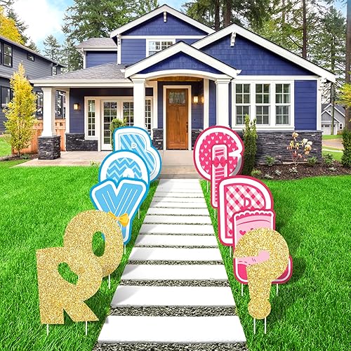 Miniatura 2 de 10 piezas de decoración de fiesta de revelación de género para baby shower, patio, letrero de patio para niño o niña, letrero con estacas para